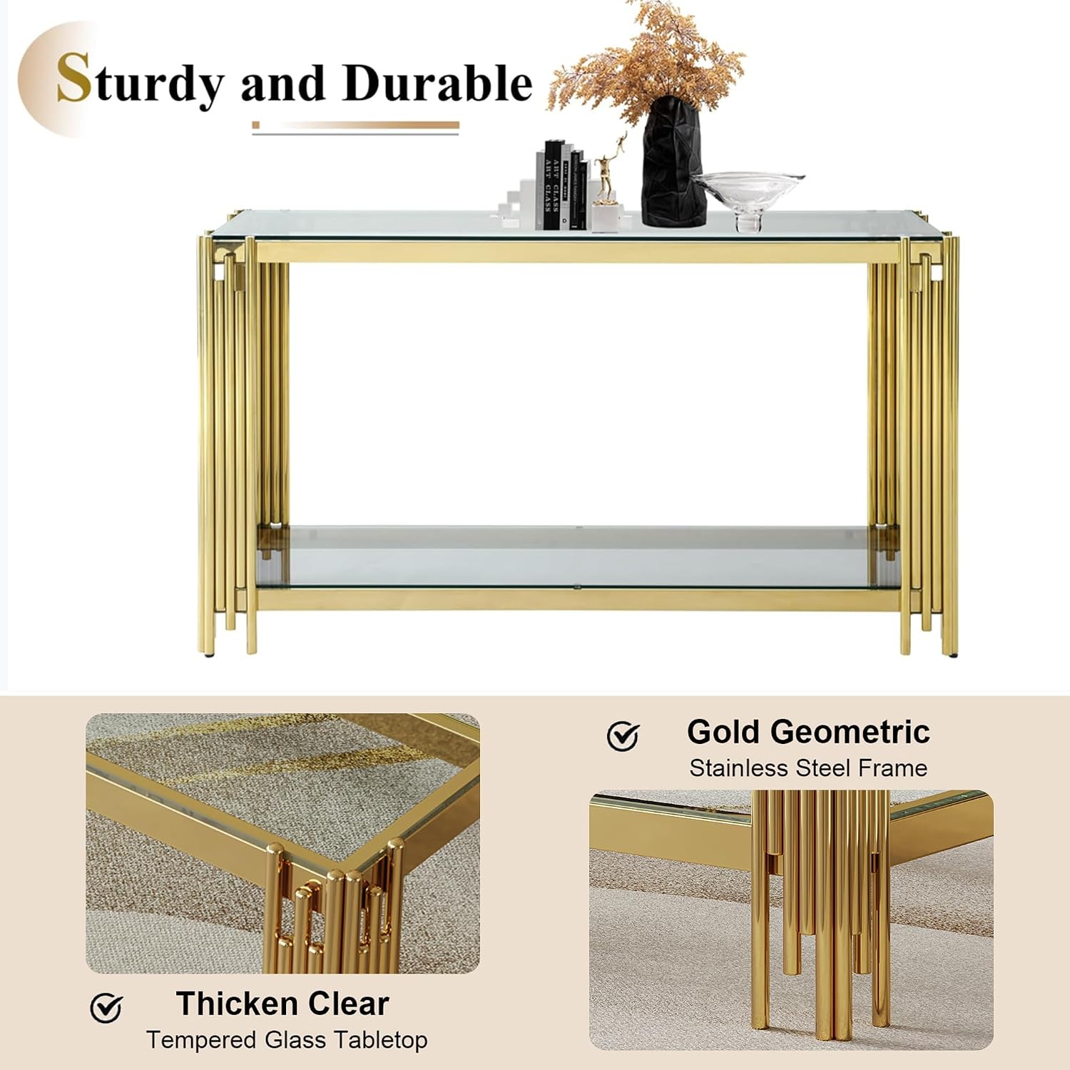 Modern Gold Glass Console Table, 55' Narrow Long Entryway Table with Stainless Steel Frame, Luxury 2-Tier Rectangle Accent Table Behind Sofa Entrance Table Foyer Table for Living Room Hallway