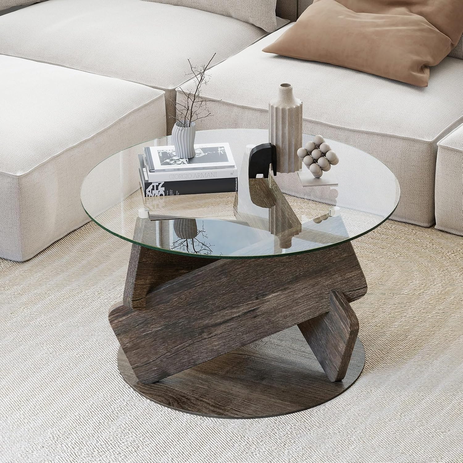 Giantex Glass Round Coffee Table, 32 Inch Modern Center Table with Clear Tempered Glass Top, Solid Wood Legs, Farmhouse Living Room Tables for Small Space, Apartment, Grey Oak