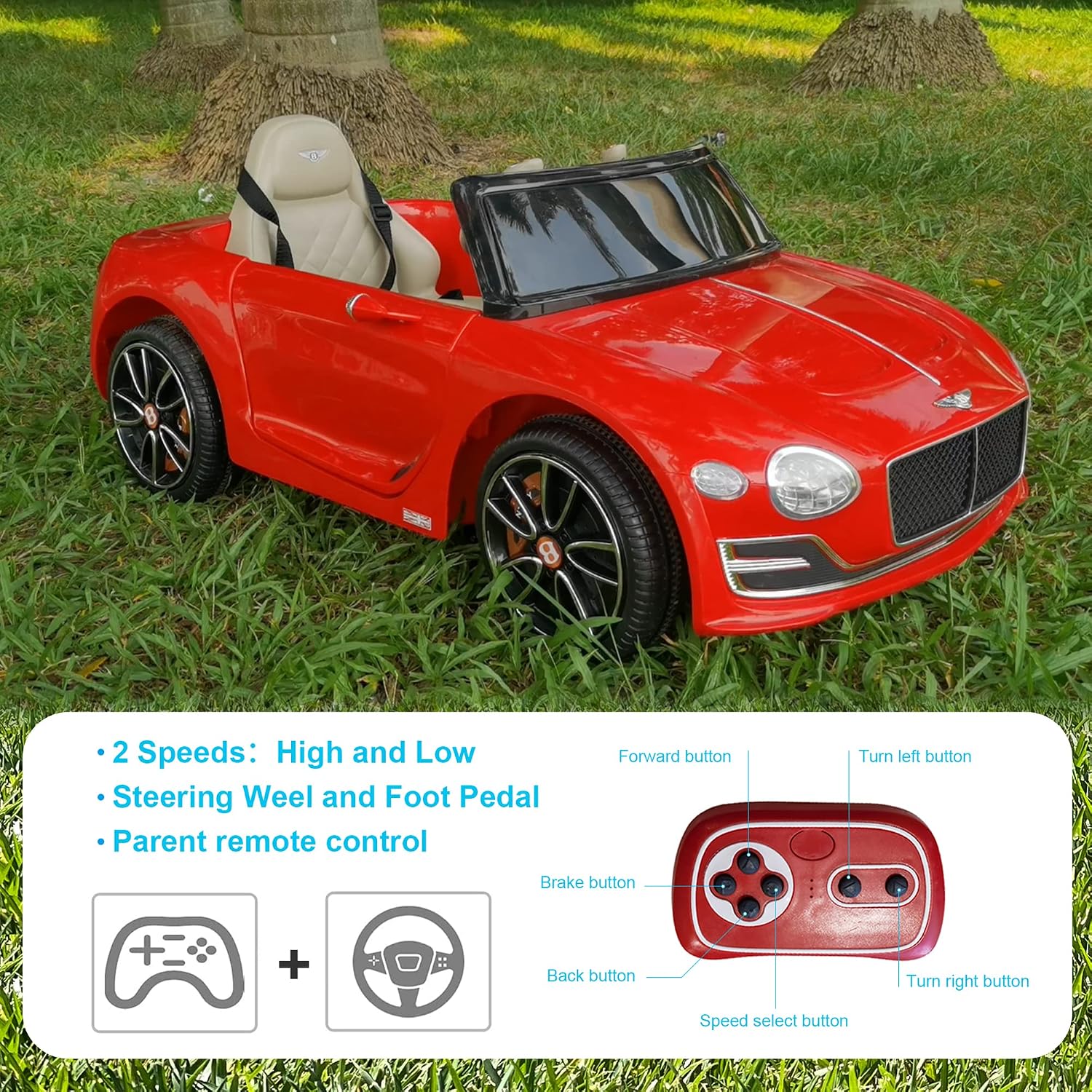 SEHOMY 12V Electric Ride On Car with Remote, Bentley Licensed Motorized Vehicles for Kids Ages 3-8, Battery Powered Children Toy Cars, 4 Wheels, LED Headlights, MP3, Horn, TF Card, USB Port, Red