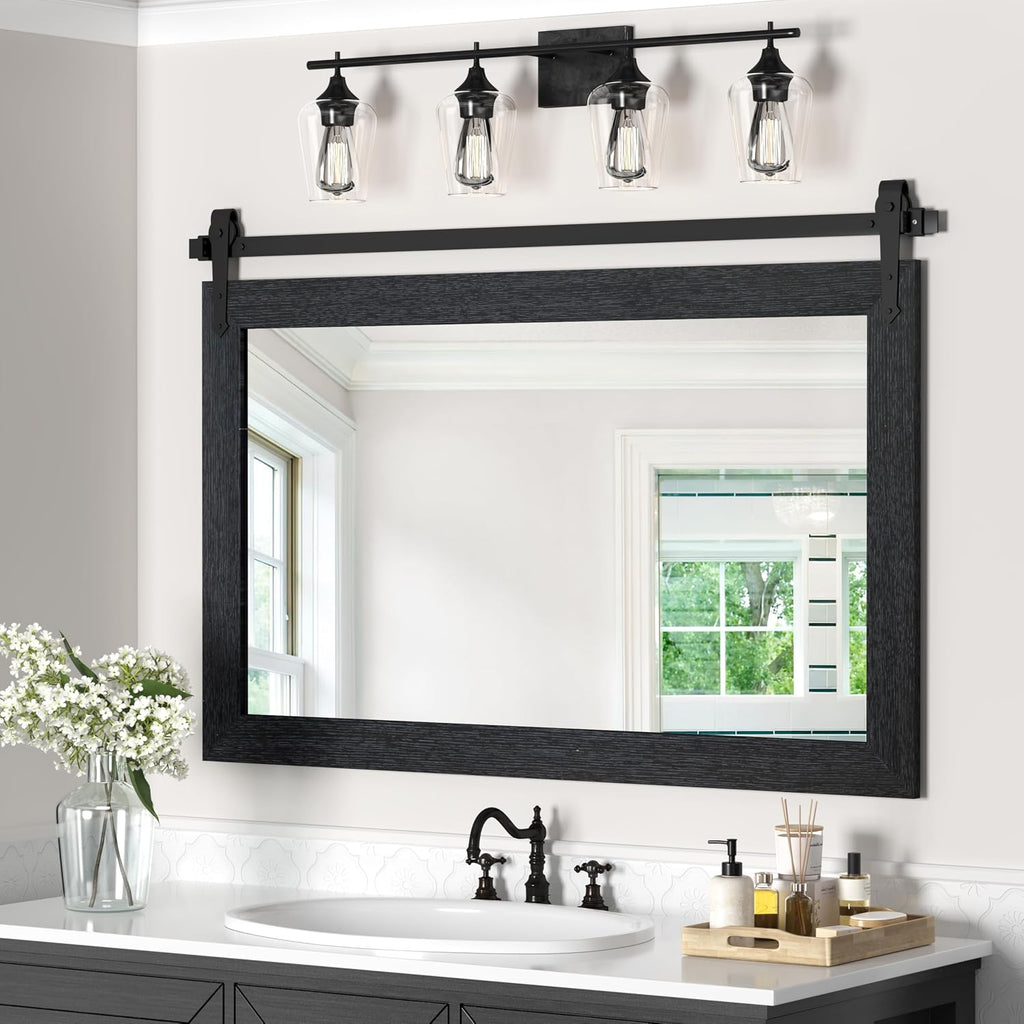 Farmhouse Mirror 42'x28' Black Rustic Mirror for Wall Vanity Mirrors Barn Door Style Decor Bathroom Living Room Entryway Bedroom Mirrors