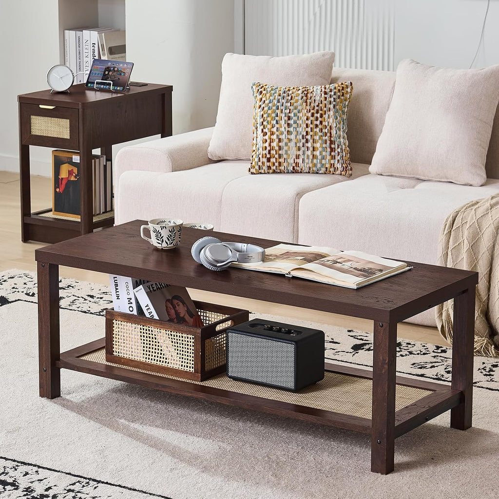 Lerliuo Boho Coffee Table Set of 3, Rattan Coffee and End Table Sets with Charging Station, Living Room Table Set with Open Shelf for Living Room, Walnut