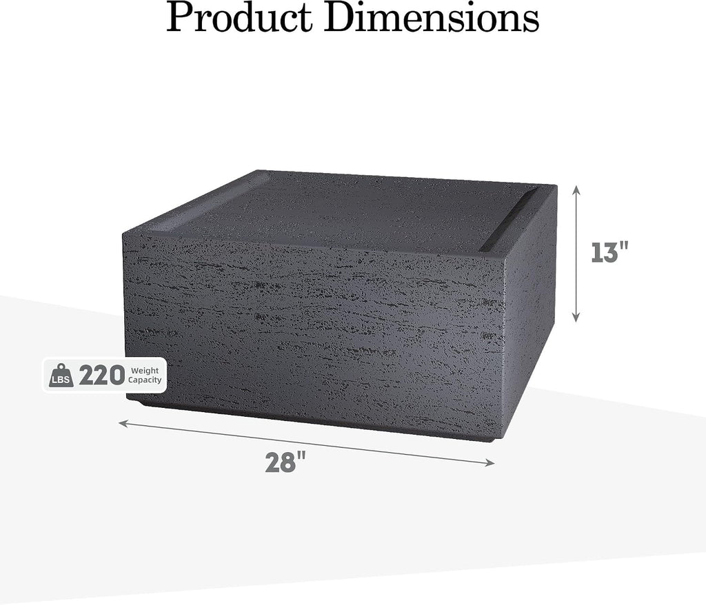 Patio Watcher 28' Modern Square Coffee Table, Light Concrete Textured Center Table for Living Room, Stone Accent Coffee Tea Table for Apartment, 28'×28'×13', No Assembly, Dark Gray