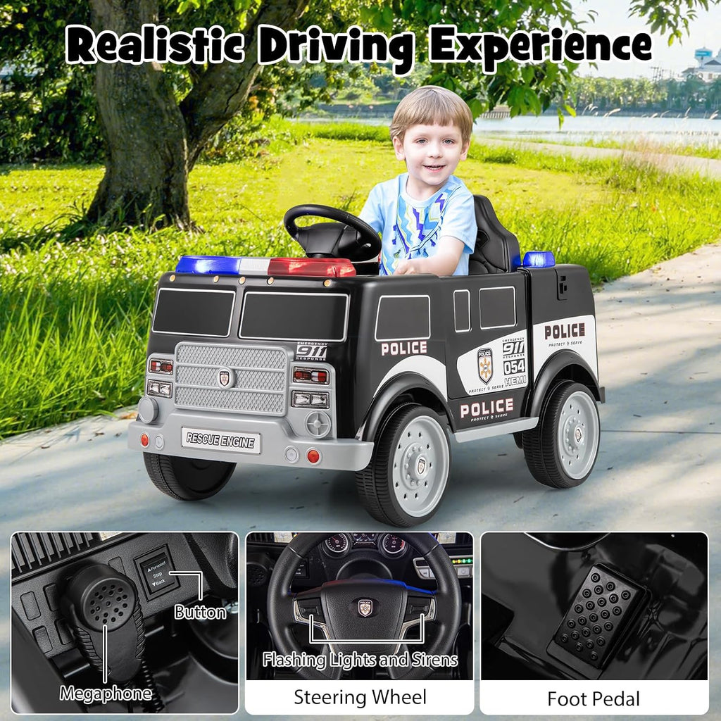 Costzon Ride on Police Car, 12V Battery Powered Electric Cop Cars for Kids w/3 Speeds, Megaphone, Music, FM Radio, Flashing Lights, Sirens, Ride on Toy w/Remote Control for Boys Girls 3+(Police Truck)
