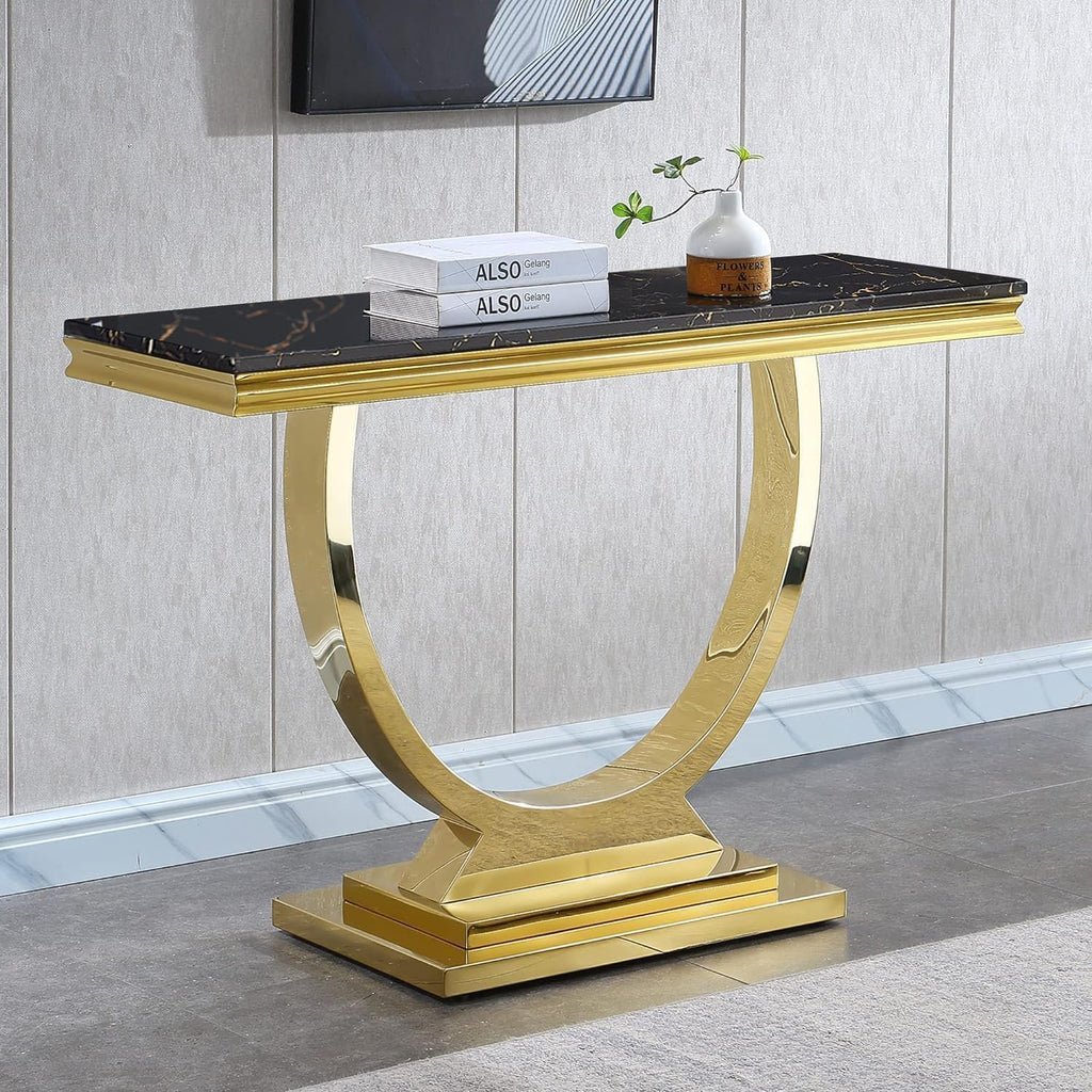 2 Piece Marble Living Room Table Set Modern Black Faux Marble Coffee Table and Console Table with Gold O-Shape Stainless Steel Frame Elegant Coffee Table Set of 2 for Home Office