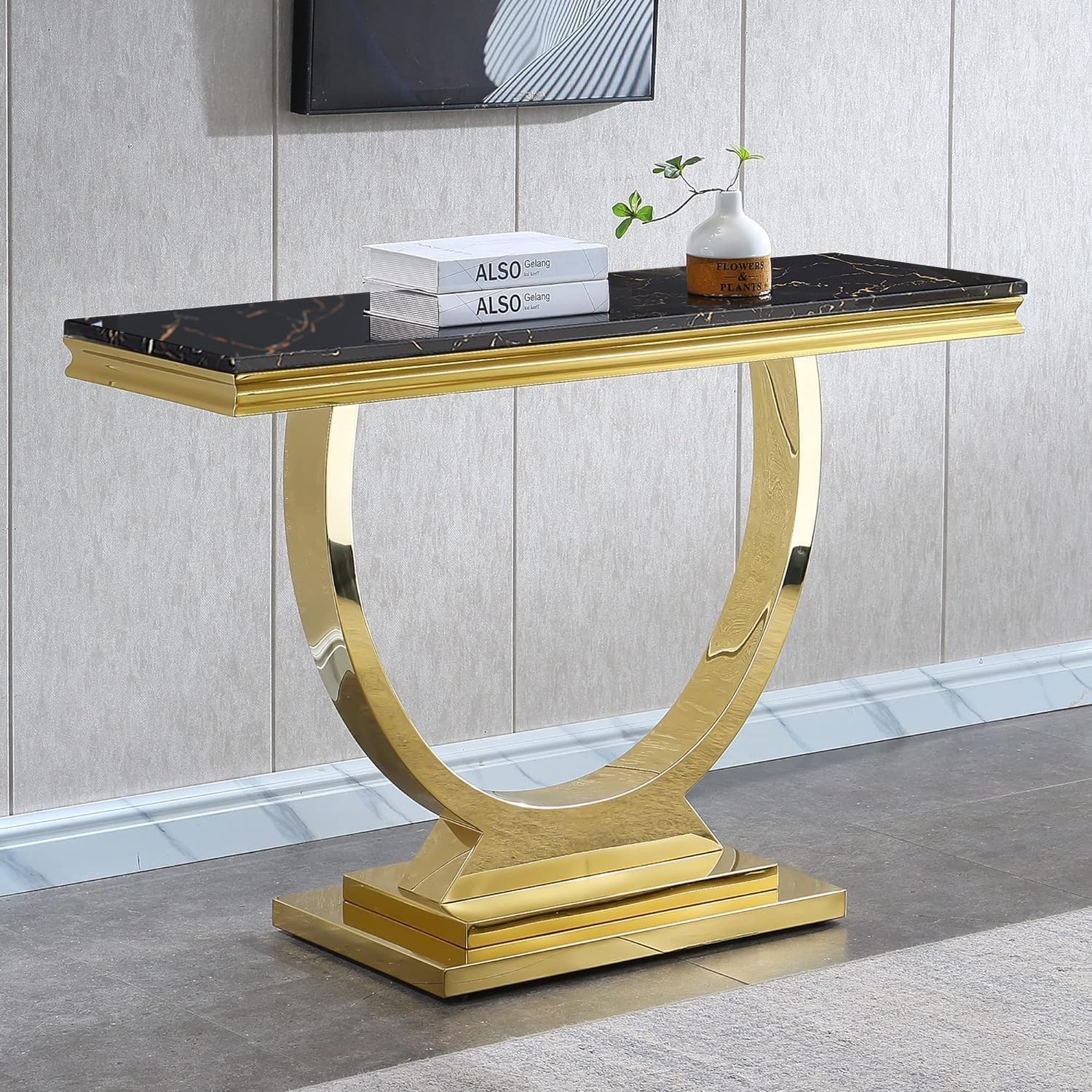 2 Piece Marble Living Room Table Set Modern Black Faux Marble Coffee Table and Console Table with Gold O-Shape Stainless Steel Frame Elegant Coffee Table Set of 2 for Home Office