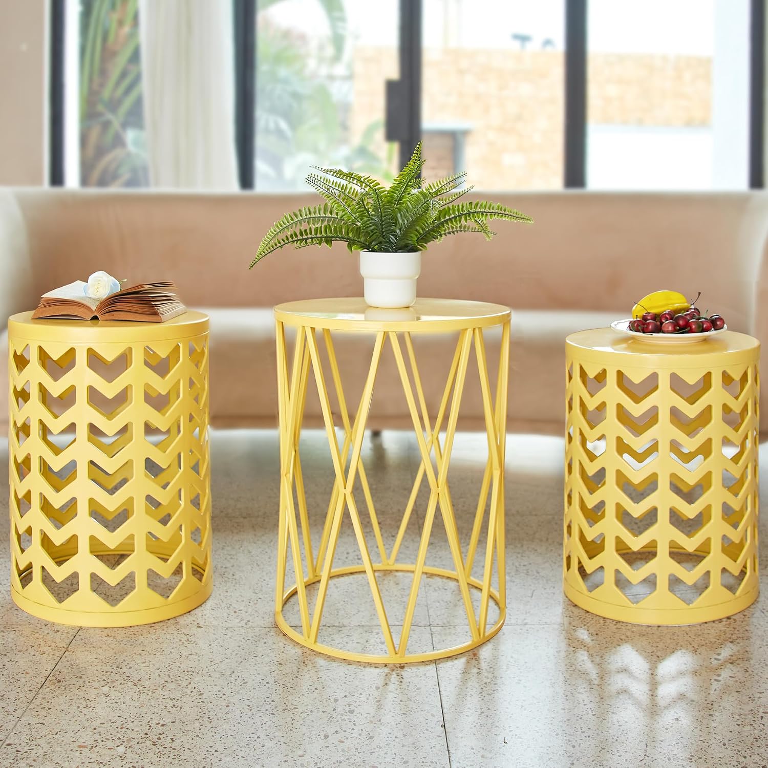 Nesting Side Table Set of 3 Decorative Round Garden Stools for Indoor Outdoor Heavy Duty Metal Frame Side Table Nightstands Modern End Table Plant Stand, Yellow