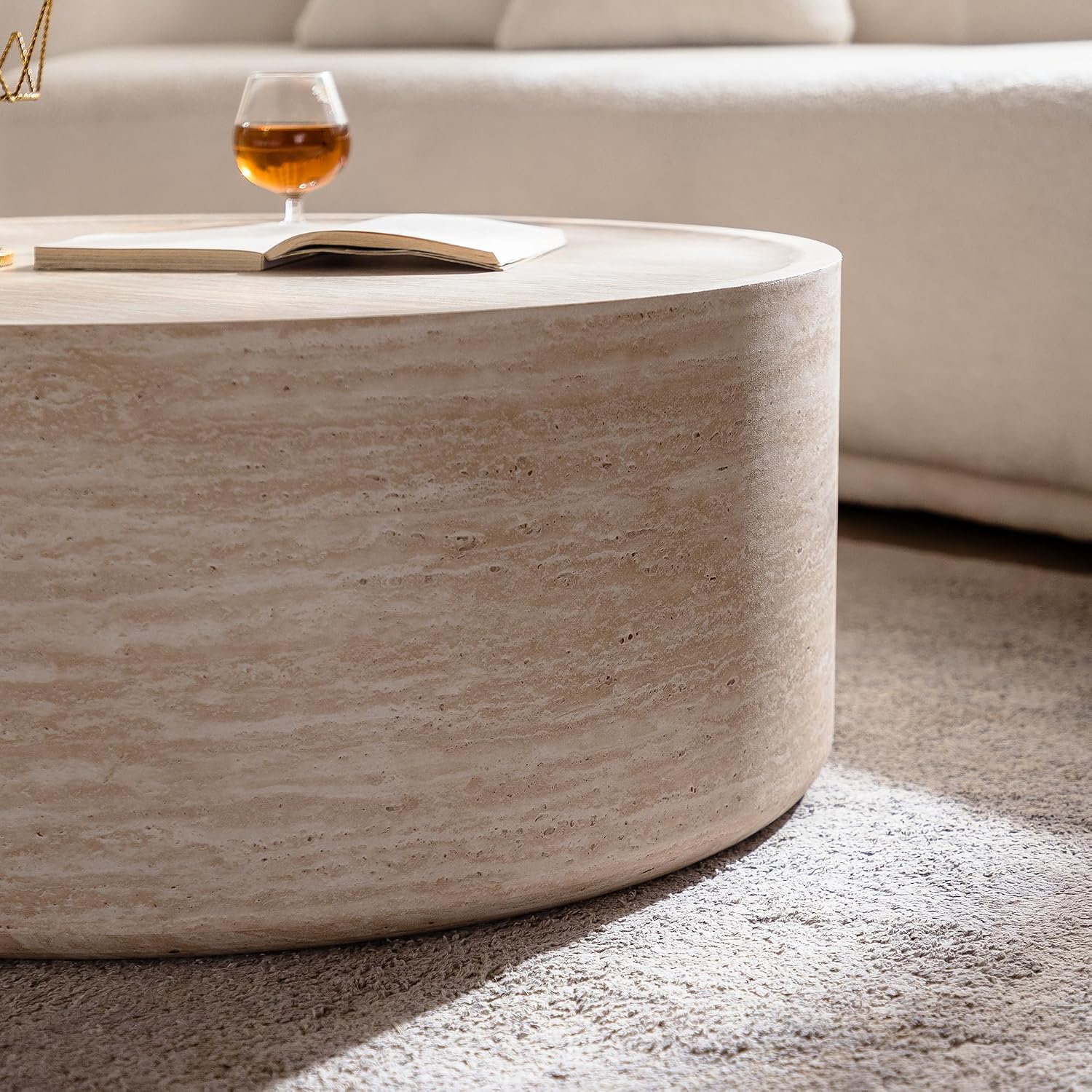 Modern Drum Coffee Table Faux Travertine Finish Wood Coffee Tables Round Center Table for Living Room Home Office,31.5'- Fully Assembled