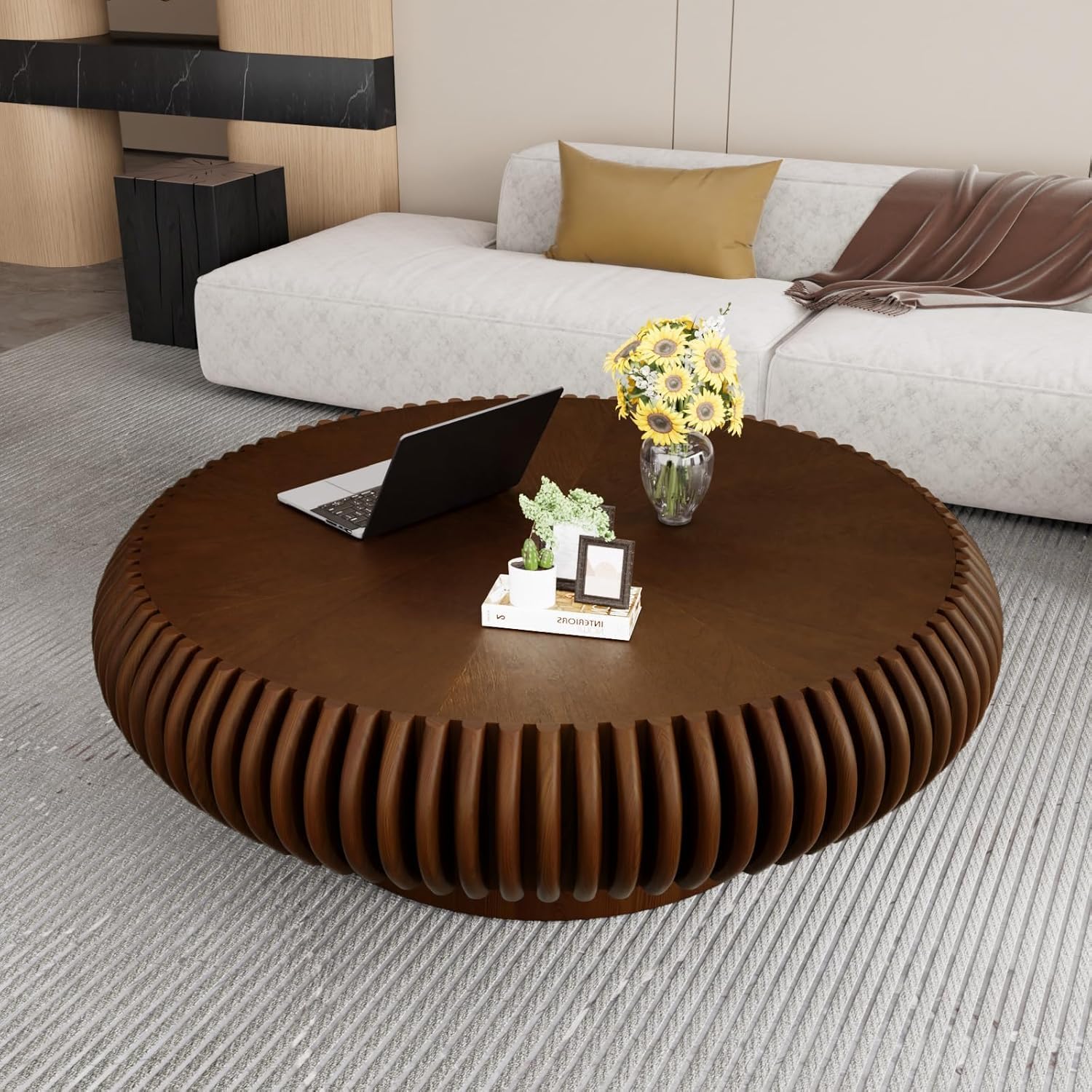 JHKZUDG Round Fluted Coffee Table 39.4'' Wood Drum Coffee Tables Contemporary Circle Accent Center Table Mid Century Side Table for Living Room, Small Space, Apartment (Walnut, 39.4' Coffee Table)