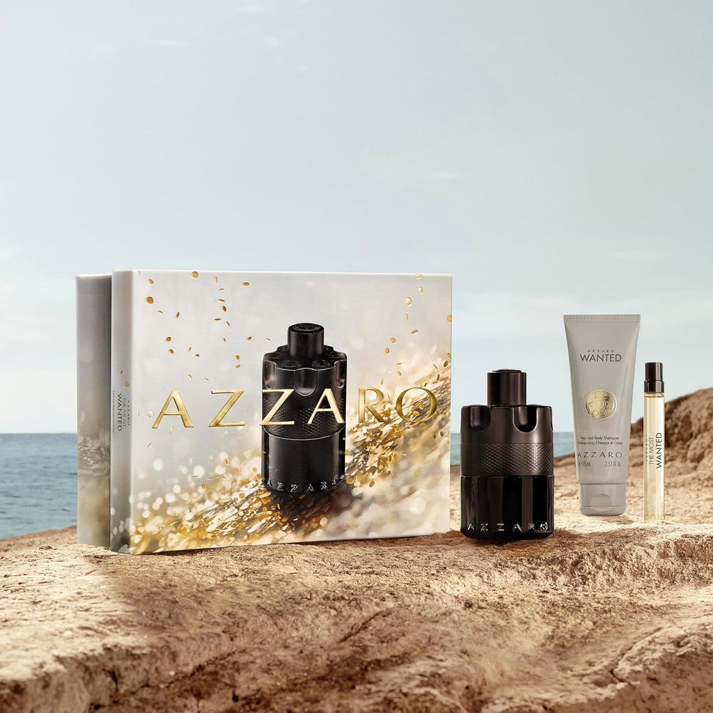 Azzaro The Most Wanted Eau de Parfum Intense 3-Piece Set ($195 Value) — Cologne for Men —Fougère Woody Fragrance, 3.4 fl oz & 0.34 fl oz Travel Size Spray, Hair & Body Wash