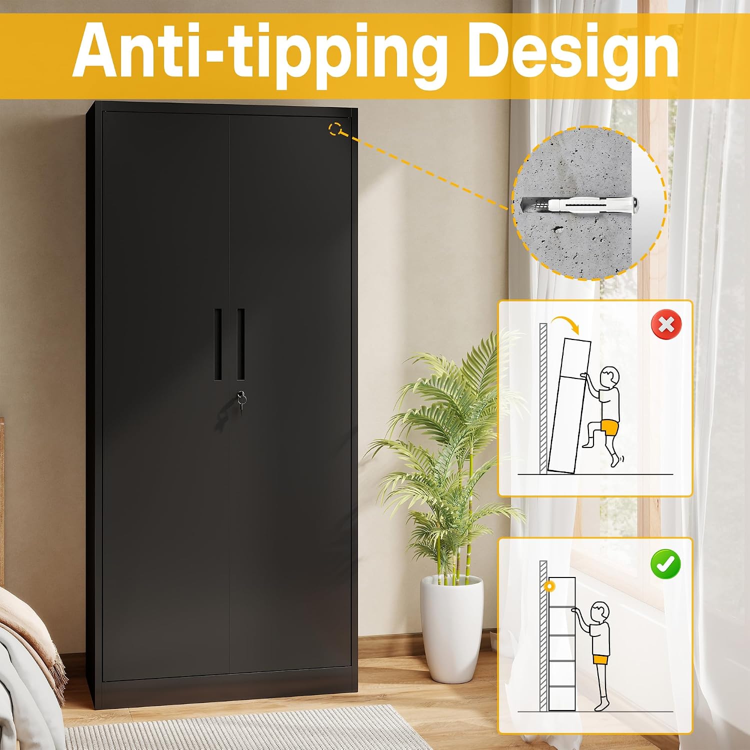 Metal Storage Cabinet with 2 Doors and 4 Adjustable Shelves, 71' Garage Storage Cabinet with Anti-Tipping Design, Lockable Garage Cabinets for Office, Home, Garage, Gym, School