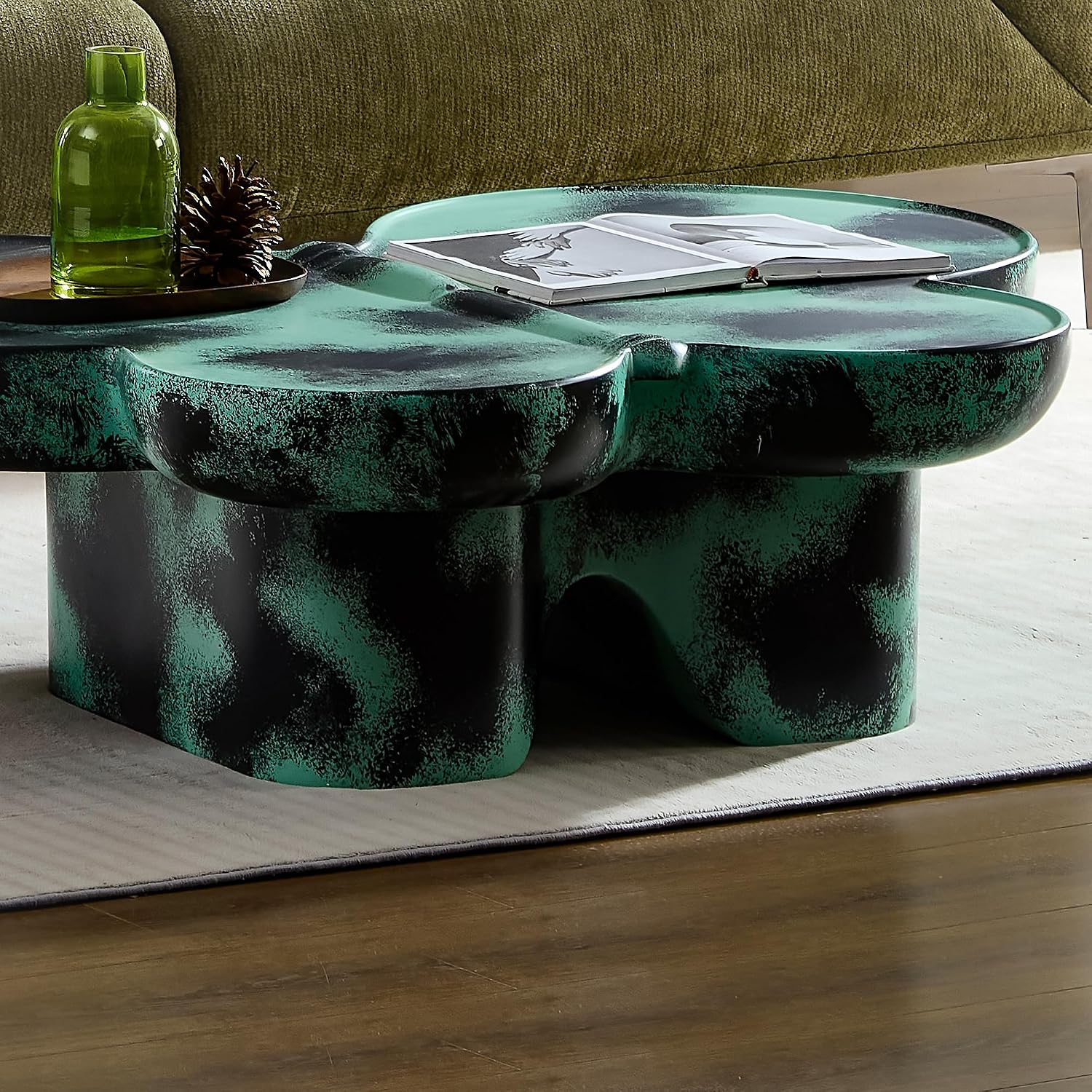 Large 47-inch Modern Glass Top Coffee Table, Mid-Century Green & Black Accent Table for Spacious Living Room, Lounge or Office (Green + Black)