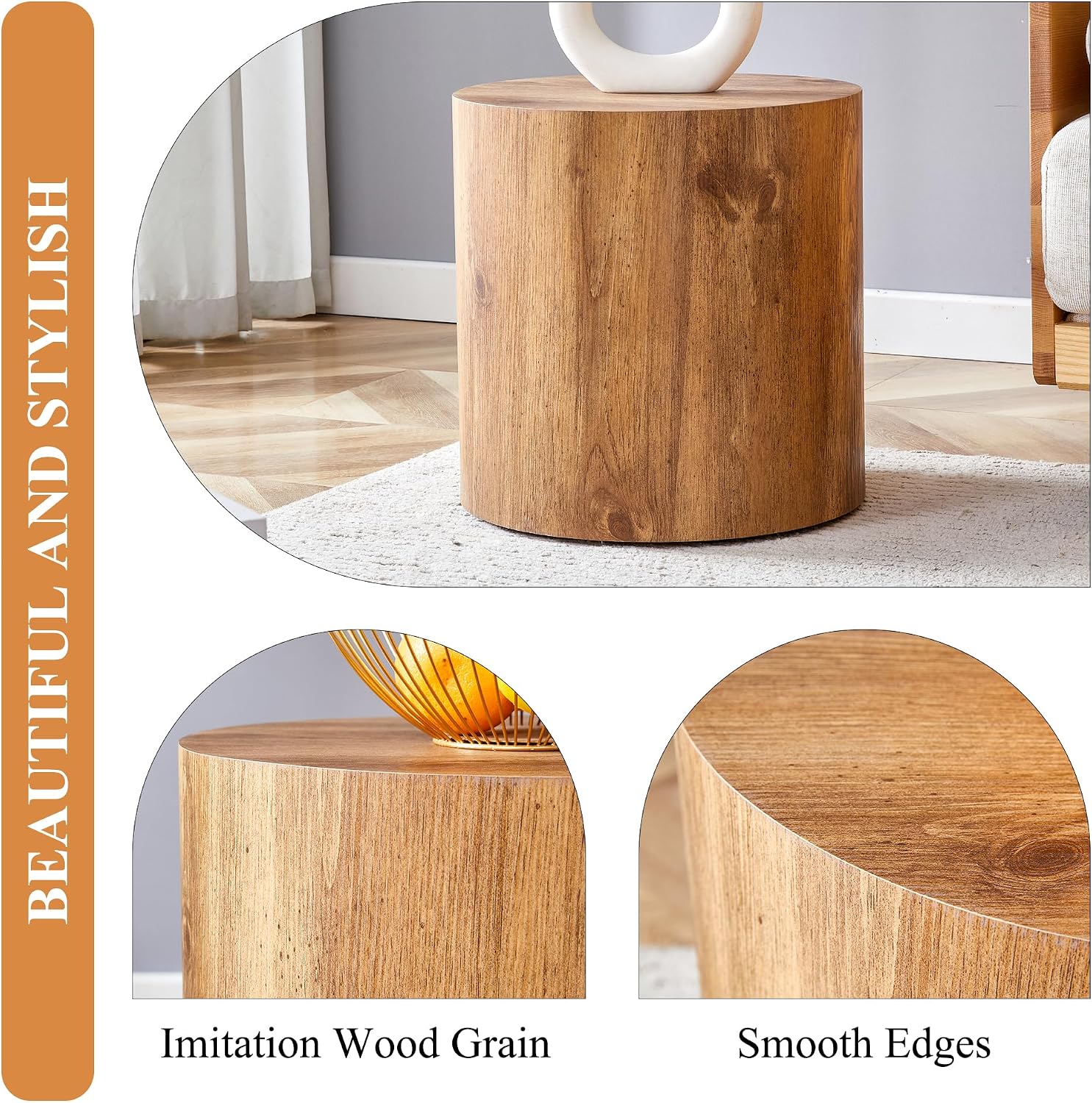 Rustic Brown Small Coffee Table Modern Drum-Shape Bedside Table Nightstand for Bedroom Living Room Round Wood Side End Table Beside Sofa Couch -Fully Assembled(15.7 x 15.7 x 15.7 H)