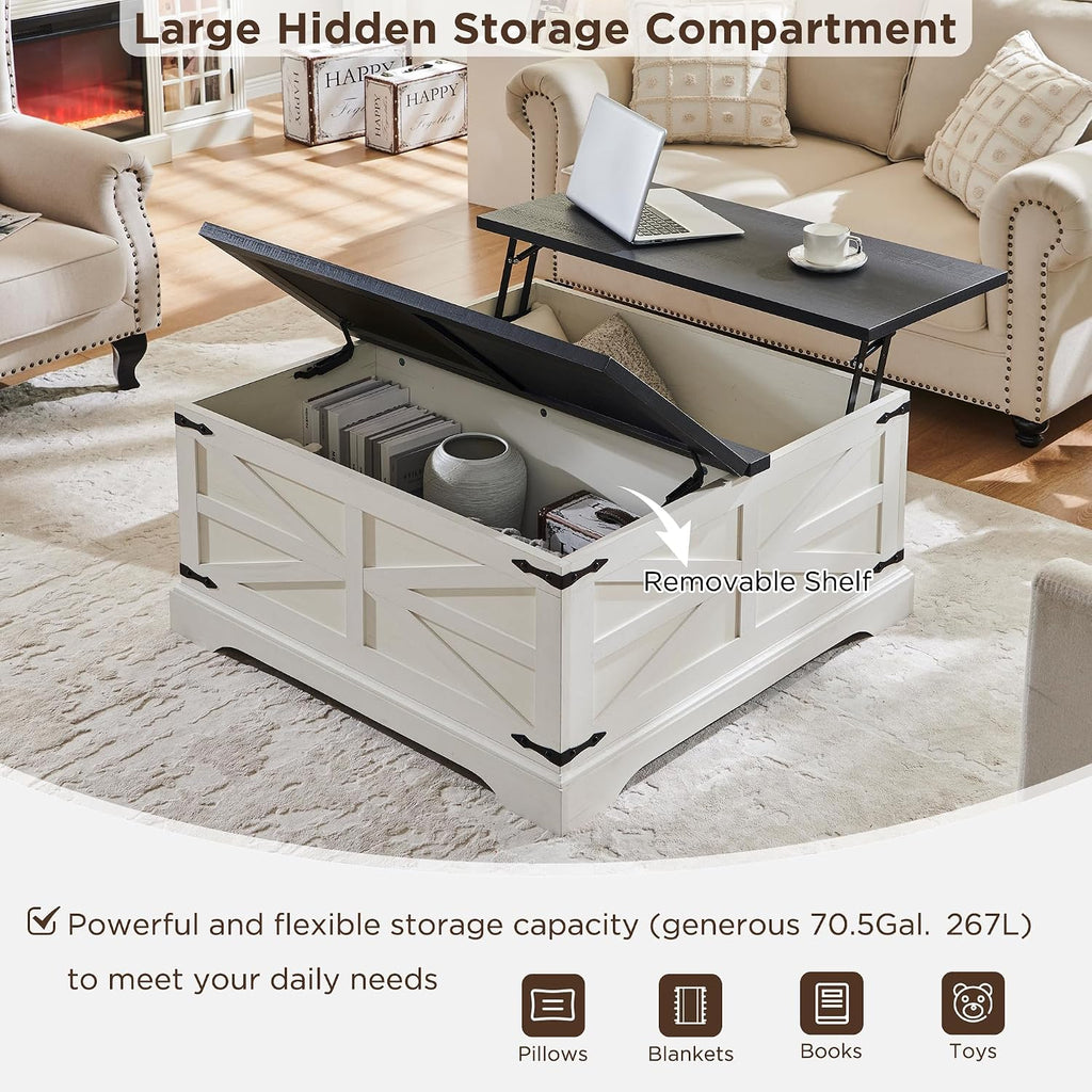 JXQTLINGMU 3-Piece Farmhouse Coffee Table and End Table Sets, Includeds 36' Lift Top Square Coffee Table w/Storage & 2 Rustic Wood End Tables w/Charging Station & Barn Doors for Living Room, White