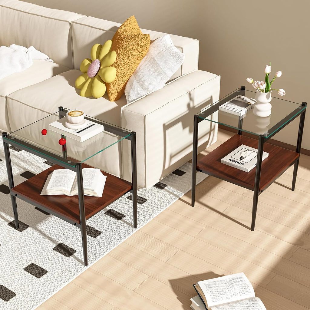 Glass Coffee Table Sets of 3 Modern Brown Living Room Table Set End Tables with Black Metal Legs & Wood Walnut Bottom Shelf, Center Cocktail Furniture, Clear + Brown