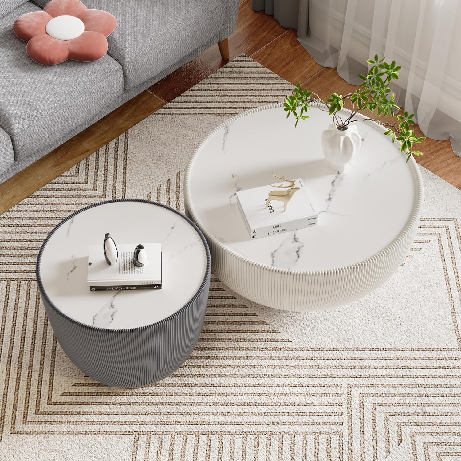 Round Coffee Table Set of 2, Sintered Stone White Coffee Table with Grey End Table, Nesting Tables for Living Room, Accent Side Table for Apartment Home Office, No Need Assembly