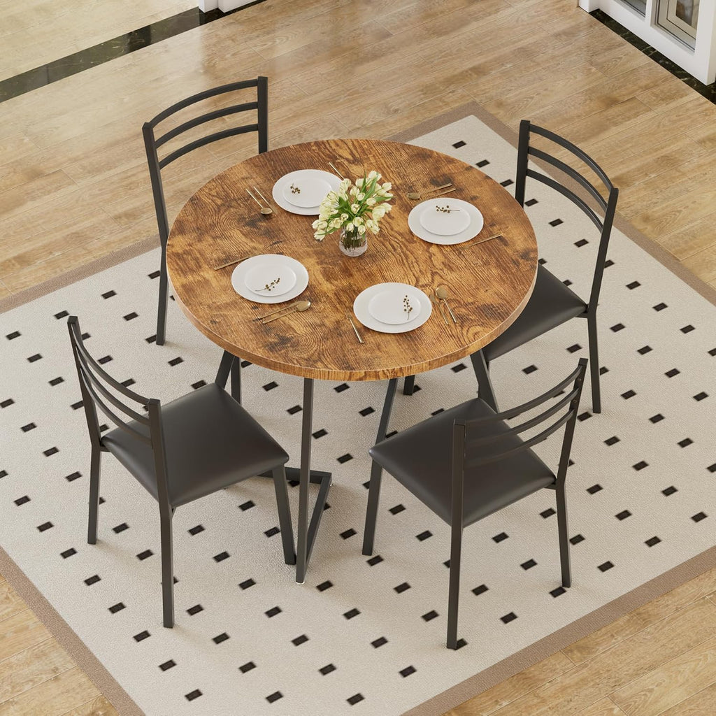 VECELO Round Dining Table Set for 4, Wood Tabletop & Heavy-Duty Steel Frame, 6-Piece Dinette with Chairs for Kitchen, Breakfast Nook, Antique Brown & Black