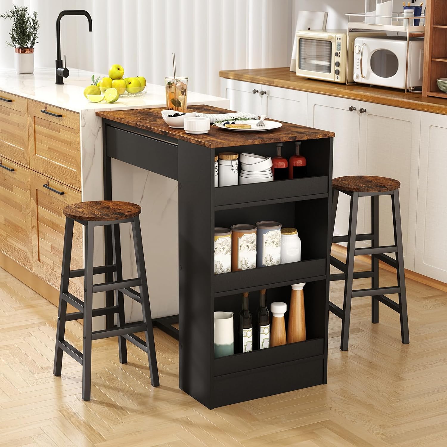 COSTWAY 3-Piece Bar Table Set, 36' Counter Height Breakfast Table with 3 Storage Shelves & 2 Round Stools, Rectangular Kitchen Table Set for 2, for Dining Room, Living Room, Rustic Brown and Black