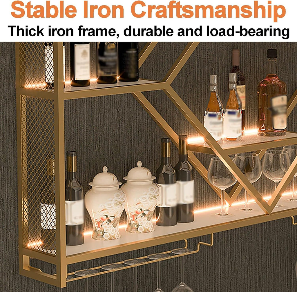 Bar Shelves Wine Rack Wall Mounted, Metal 3-Tiers Hanging Goblet Display Storage, Bottle Stand Lighting for Bars, Floating Bar Shelf Rack, for Home Dining Room Kitchen