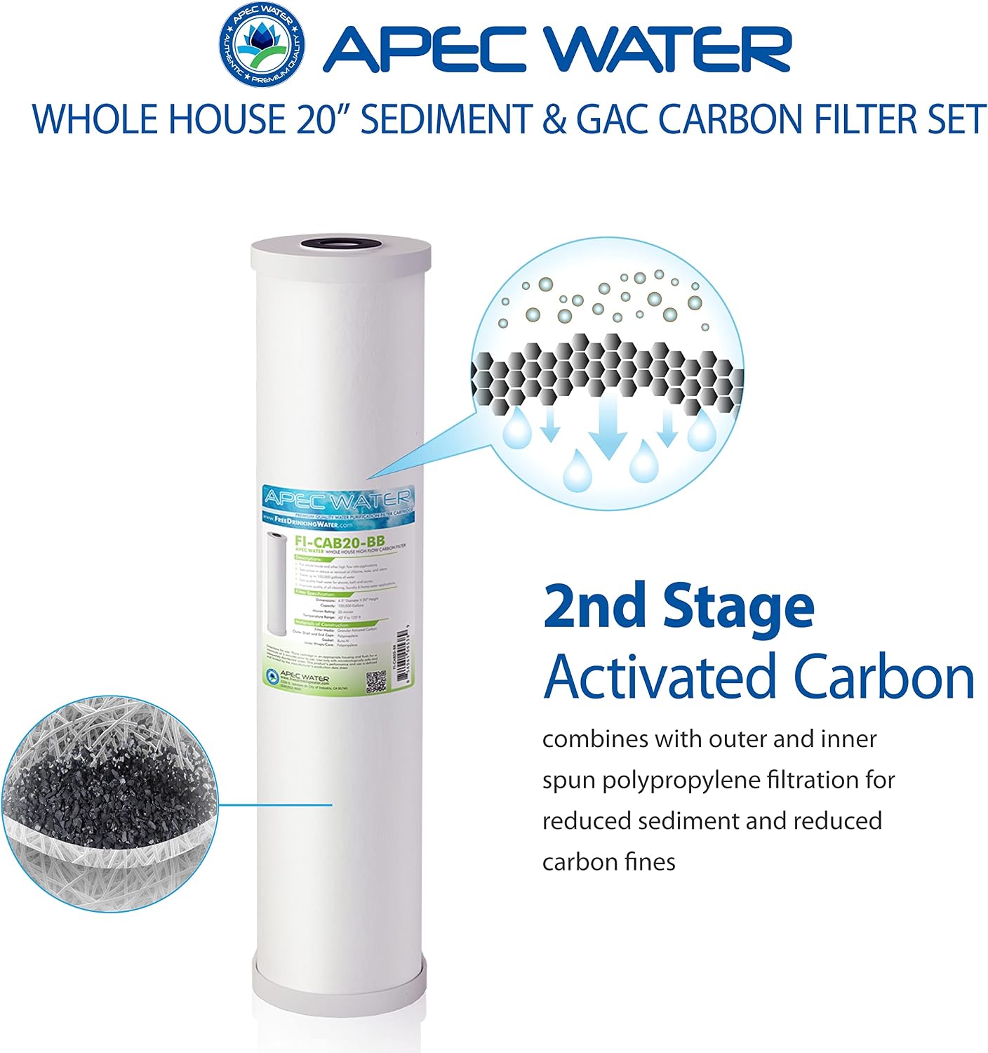 APEC Water Systems Filter-SET-CB2-20BB 20' Whole House Sediment and Carbon Replacement Filter Set, White