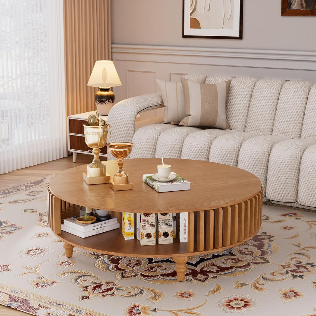 2-Tier Round Coffee Table 39.4' Round Coffee Table with Storage Mid-Century Modern Circle Accent Center Table Farmhouse Low Cocktail Tea Furniture for Living Room Small Spaces (39.4' Round)