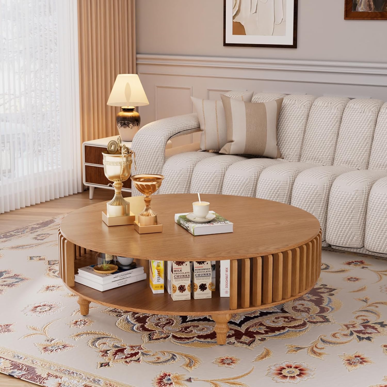2-Tier Round Coffee Table 39.4' Round Coffee Table with Storage Mid-Century Modern Circle Accent Center Table Farmhouse Low Cocktail Tea Furniture for Living Room Small Spaces (39.4' Round)