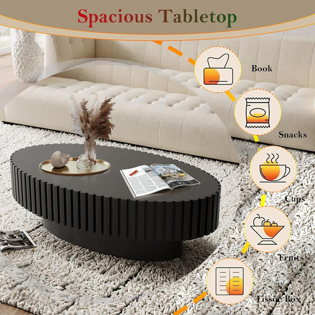 Handcraft Fluted Coffee Table 43.3' Oval Drum Center Tables with Sturdy Pedestal Easy to Assembly for Living Room Apartment Farmhouse (Oval Black 43.3in)