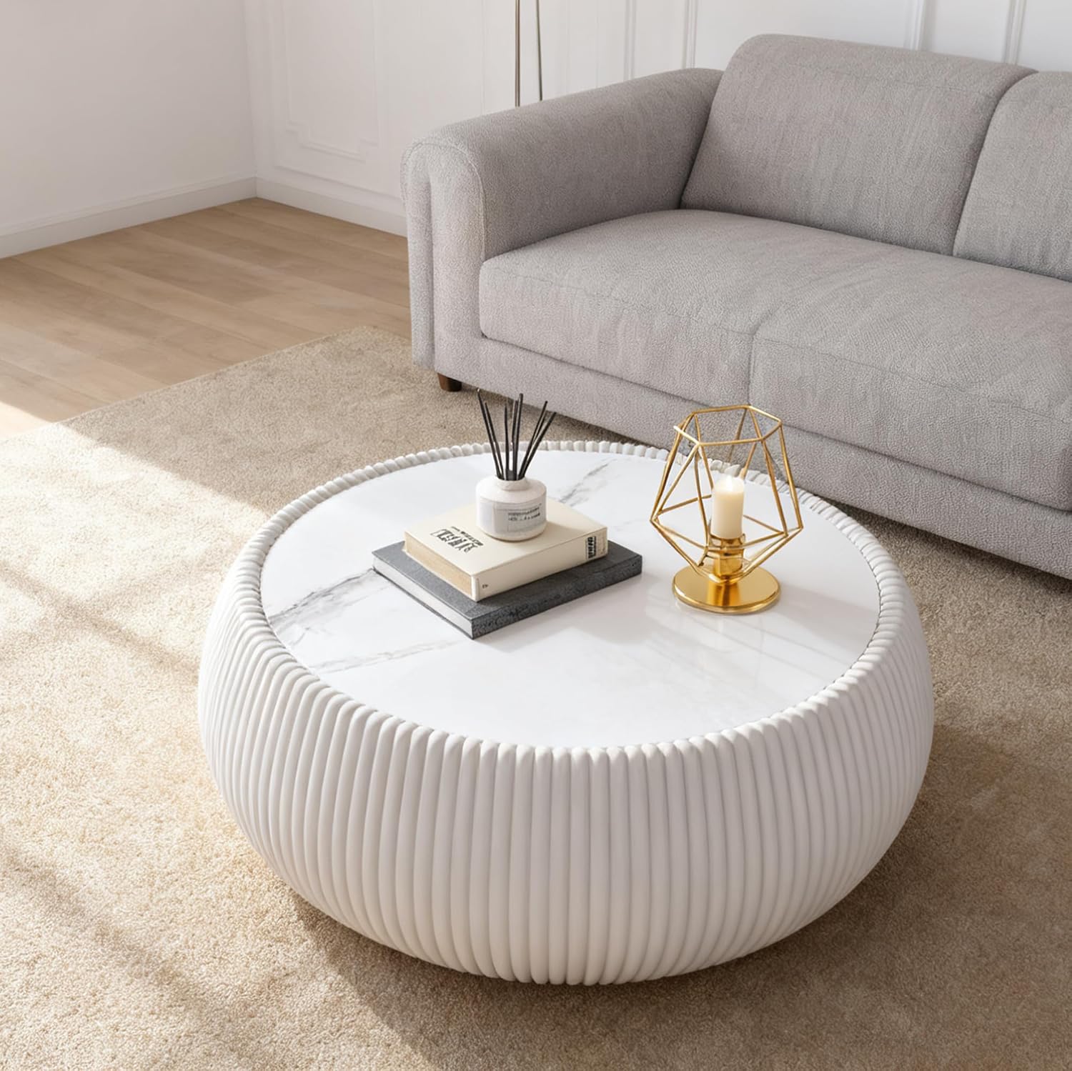 Modern Round Coffee Table Luxury Sintered Stone Top Coffee Table in Cream White Leatherette Creative Drum-Shape Cocktail Center Table for Living Room Bedroom,Fully Assembled
