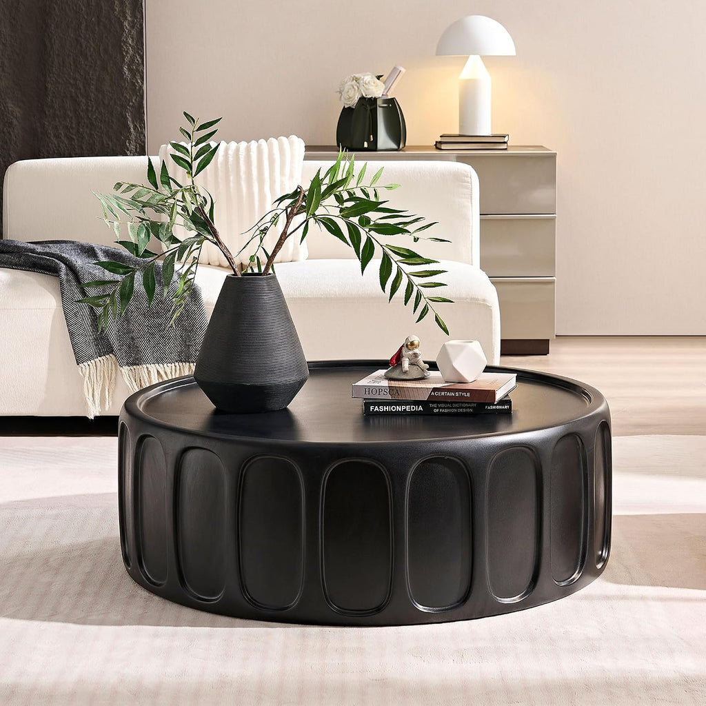 35.43'' Round Center Coffee Table for Living Room Fiberglass Table,Modern Design Coffee Table for Office,Apartment,No Need Assembly,Matte Black