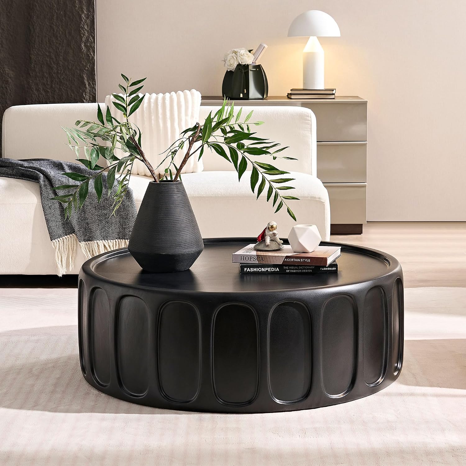 35.43'' Round Center Coffee Table for Living Room Fiberglass Table,Modern Design Coffee Table for Office,Apartment,No Need Assembly,Matte Black