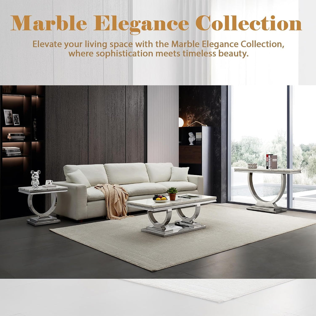 Marble Coffee Table, 47' White Faux Marble Rectangular Cocktail Table with Mirrored Finish Double O-Shape Stainless Steel Base, Central Cocktail Tea Tables for Living Room Office, Silver
