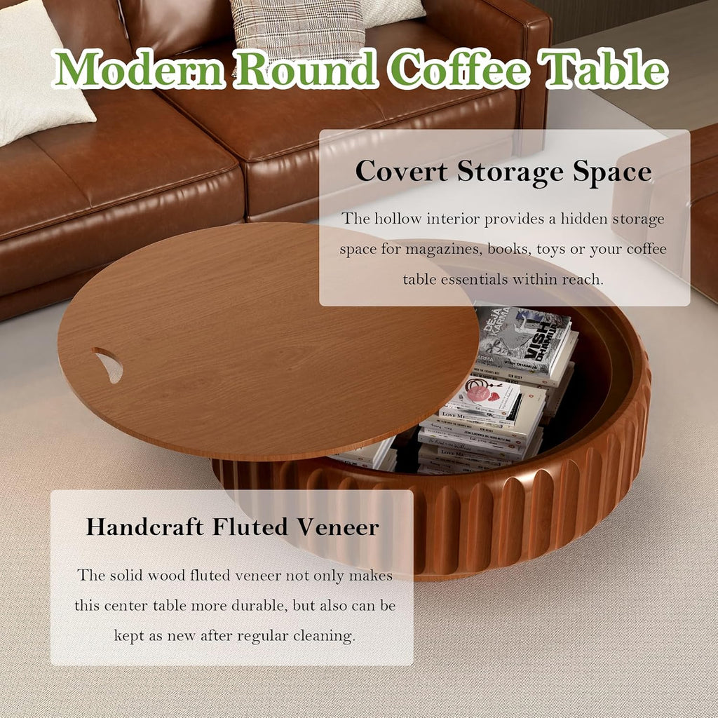 31.5' Round Drum Coffee Table with Storage Rustic Chic Fluted Center Table - Handcraft Solid Wood Veneer Edge for Living Room Farmhouse (A 31.5in)