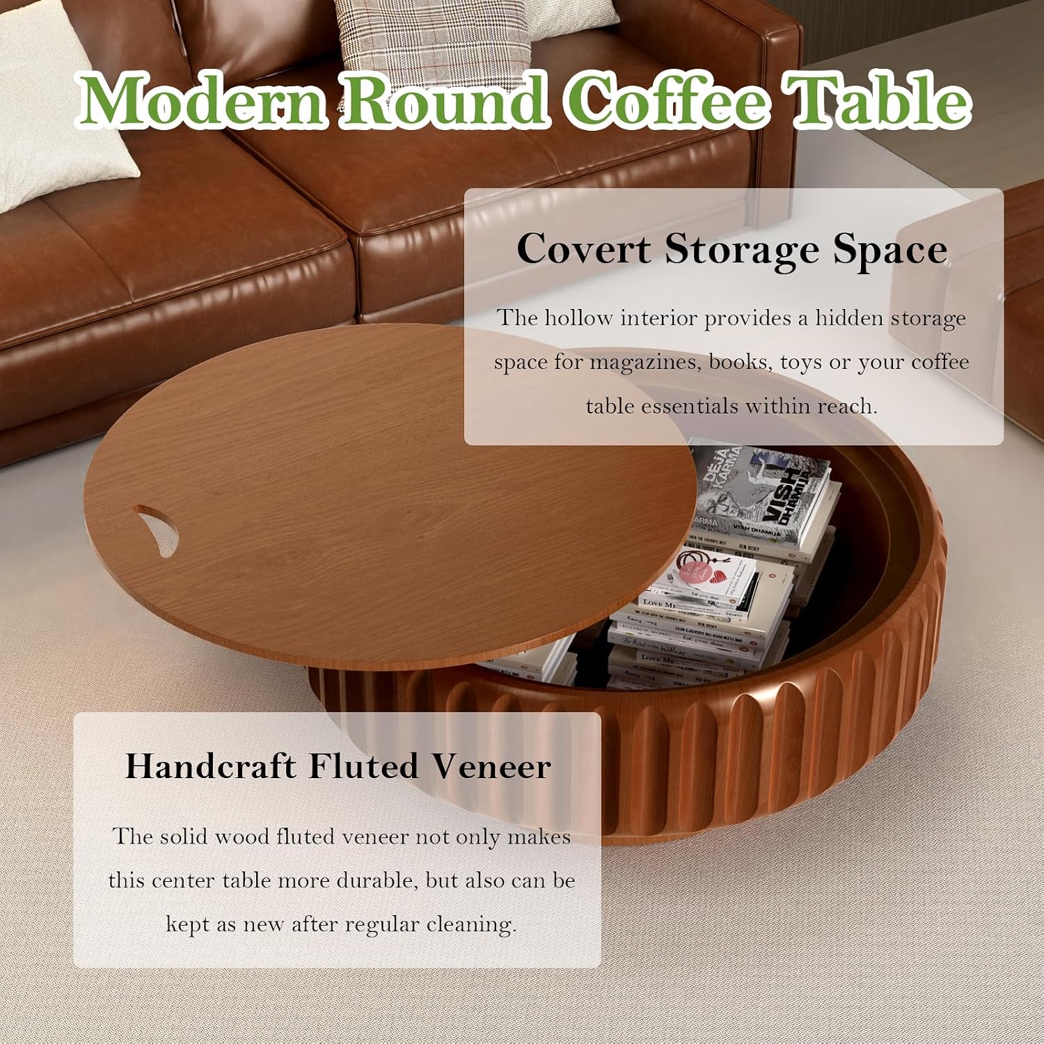 31.5' Round Drum Coffee Table with Storage Rustic Chic Fluted Center Table - Handcraft Solid Wood Veneer Edge for Living Room Farmhouse (A 31.5in)