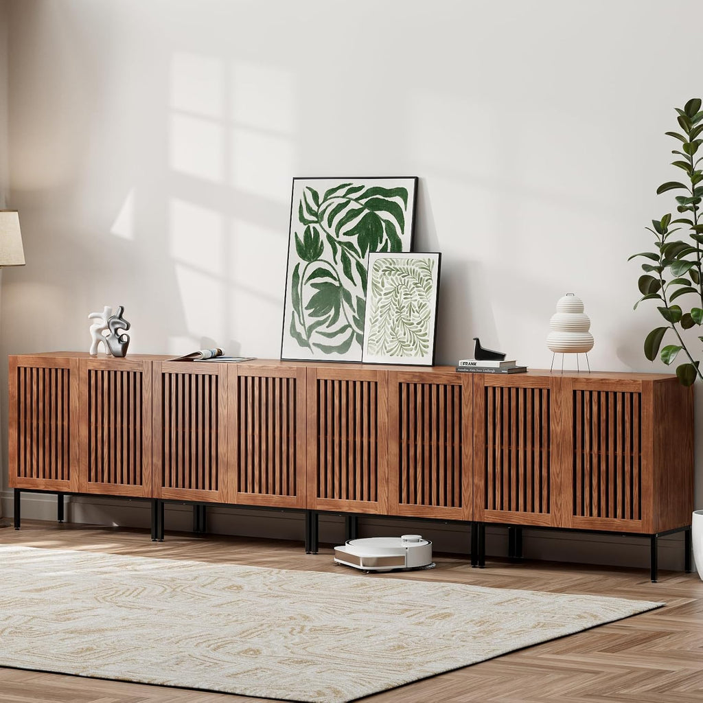 BVIUNTWO Storage Cabinet,126' Farmhouse Buffet Cabinet with Metal Base and Adjustable Shelves,Sideboard Coffee Bar with 8 Doors for Kitchen,Dining Room,Living Room,Brown