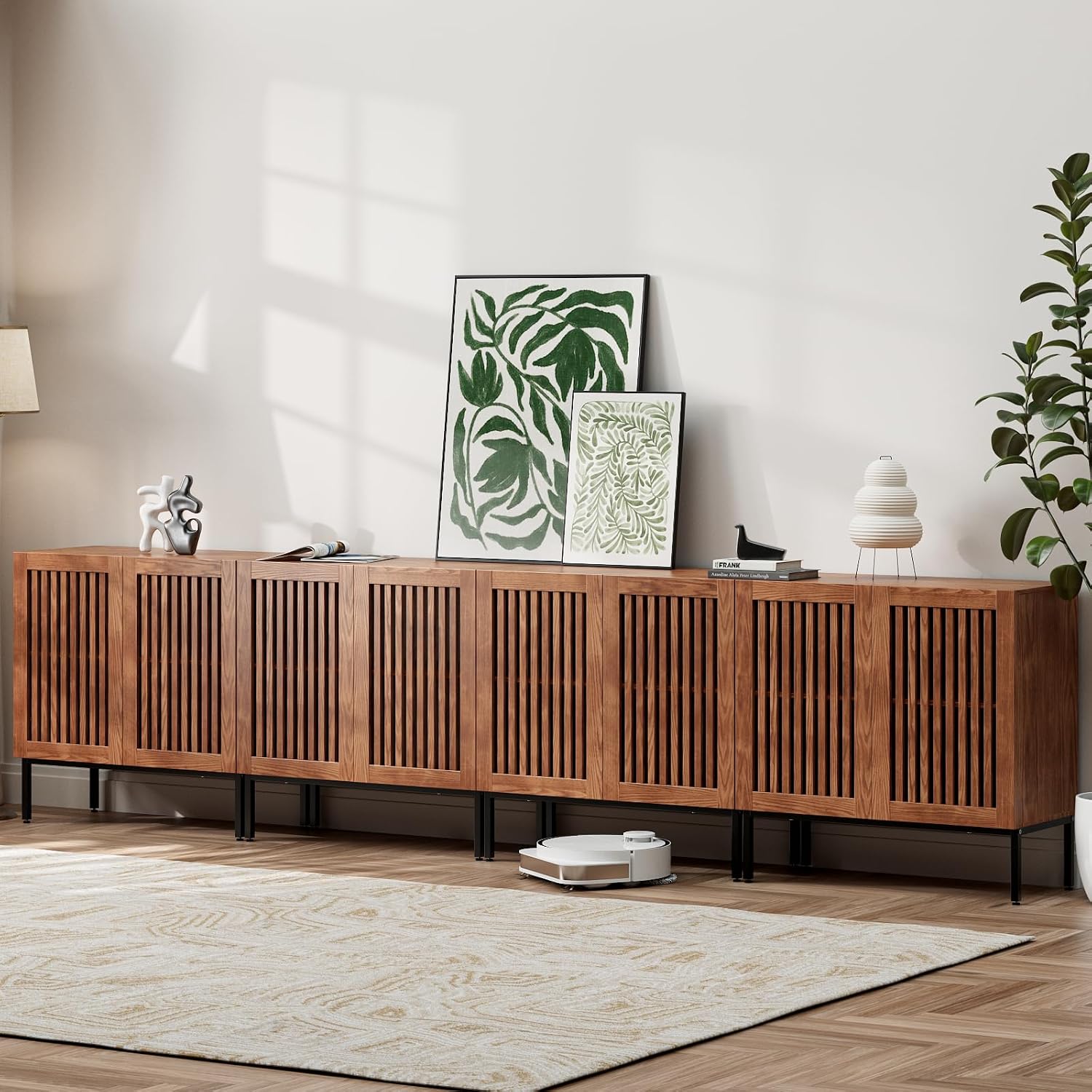 BVIUNTWO Storage Cabinet,126' Farmhouse Buffet Cabinet with Metal Base and Adjustable Shelves,Sideboard Coffee Bar with 8 Doors for Kitchen,Dining Room,Living Room,Brown