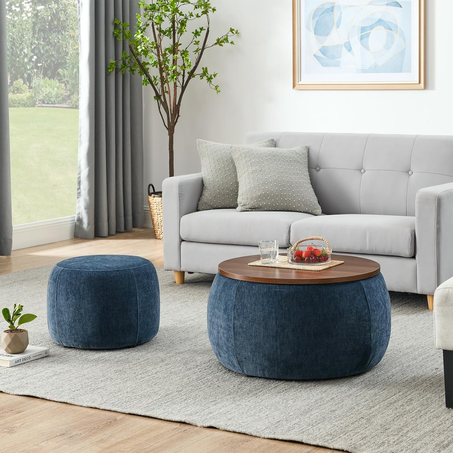 Round Ottoman with Storage Set, 25' +18' Circle Coffee Table Upholstered Nesting Modern End Table Footstool with Removable Wood Tray Chenille for Living Room No Assembly, Dark Blue