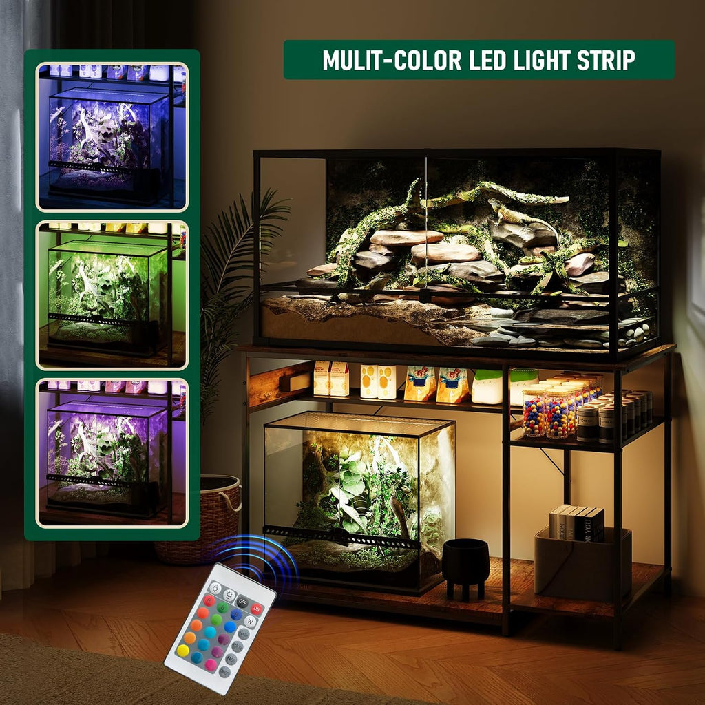 Reptile Tank Stand with Power Outlets，48' X 24' Tabletop Fits up to 120 Gallon Bearded Dragon Enclosure Stand，Double Snake Terrarium Table with Light
