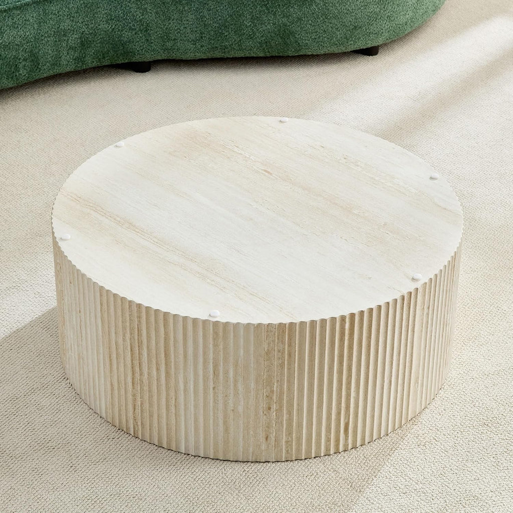 Faux Travertine Round Coffee Table, 35' Modern Relief Design Coffee Table Center Table for Living Room, Travertine, No Assembly Needed