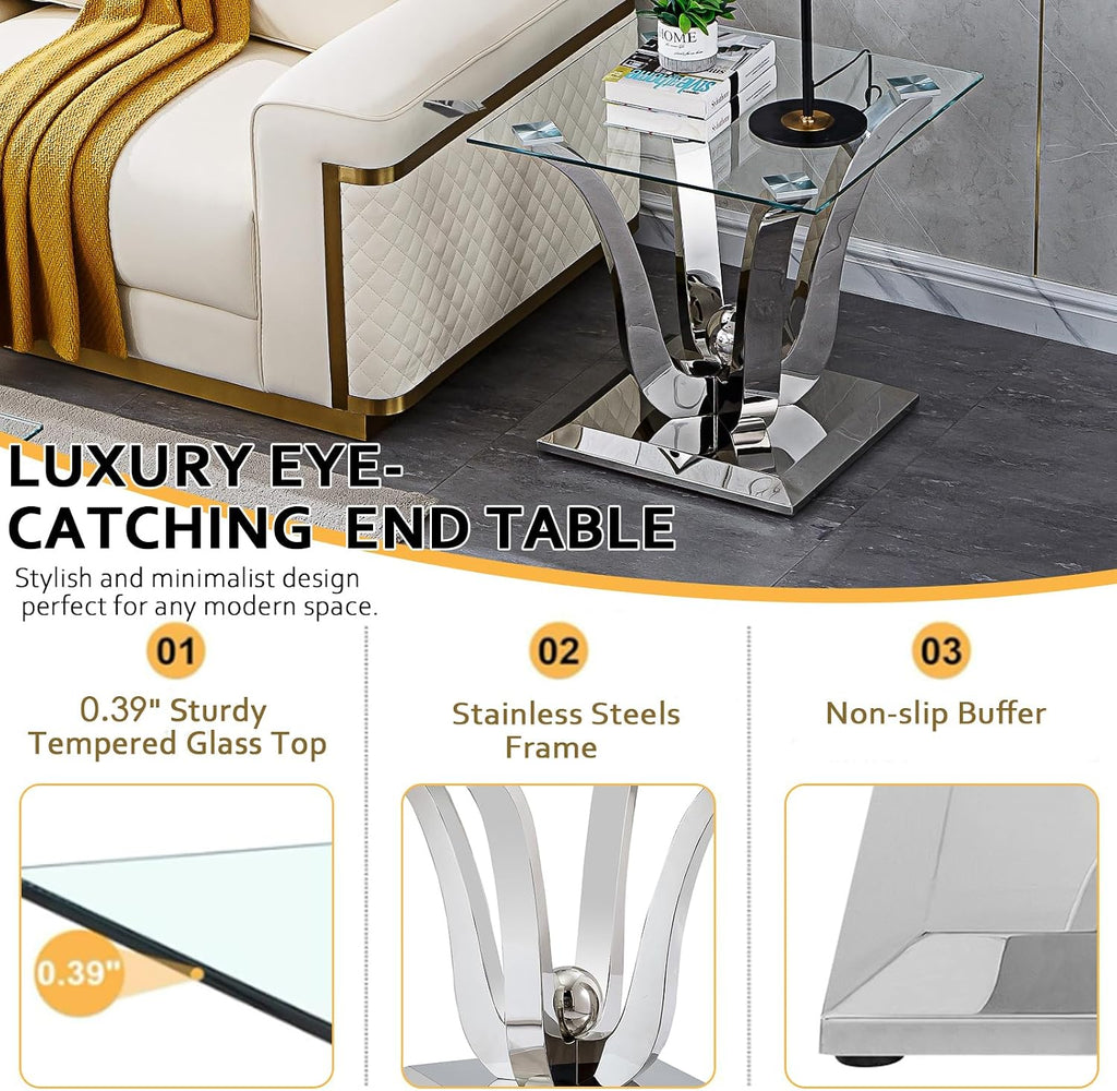 Modern Glass End Table Small Side Table with Silver Gorgeous Stainless Steel Base Square Glass Nightstand End Table Small Bedside Table Couch Sofa Table for Living Room Bedroom