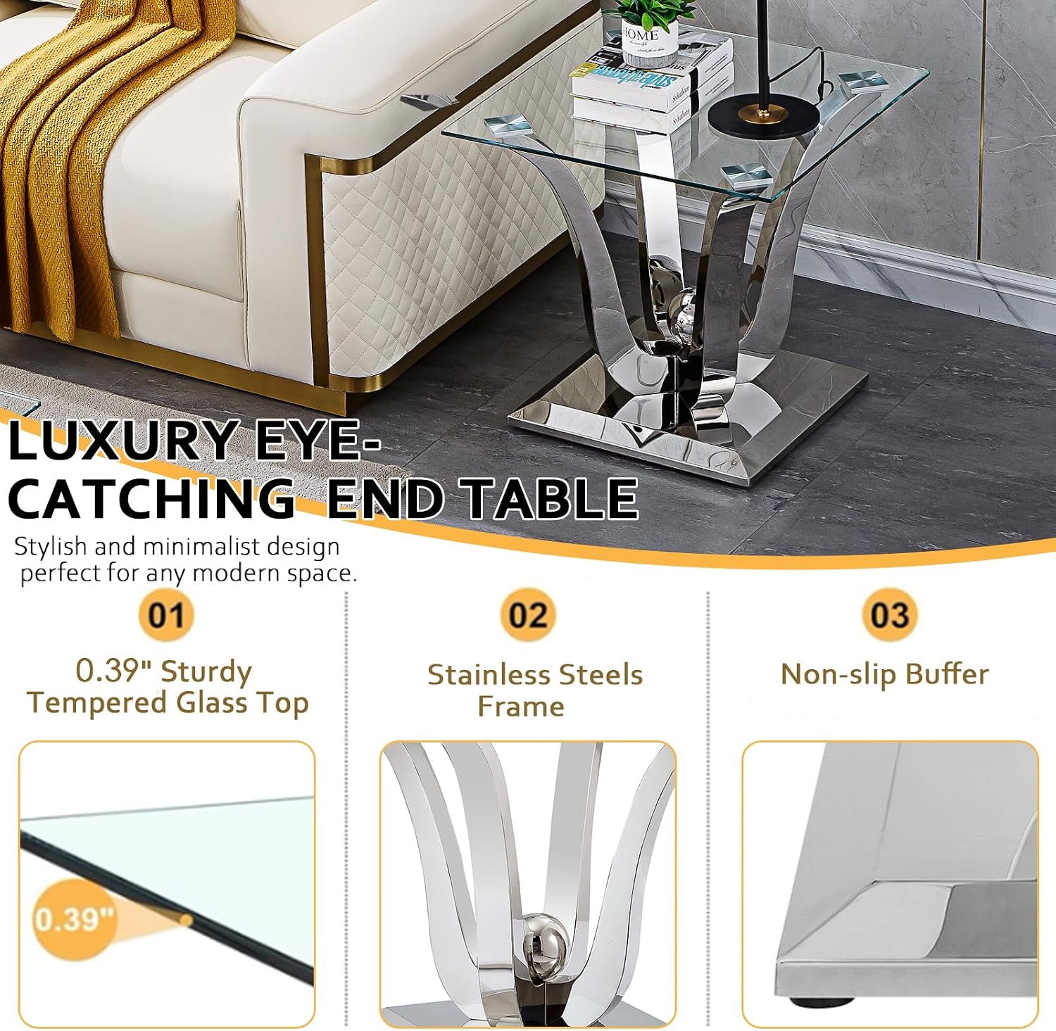 Modern Glass End Table Small Side Table with Silver Gorgeous Stainless Steel Base Square Glass Nightstand End Table Small Bedside Table Couch Sofa Table for Living Room Bedroom