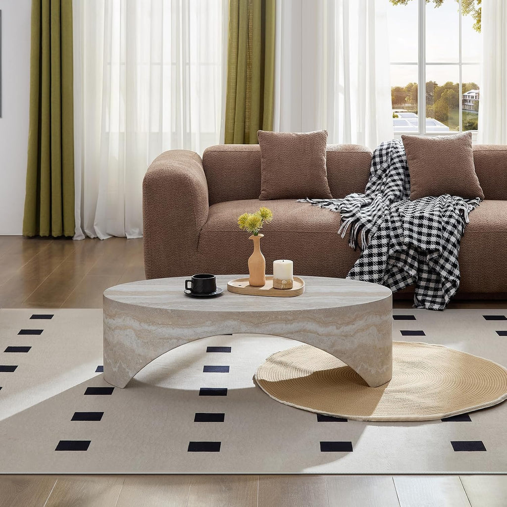 43.31'' Oval Coffee Table in Faux Marble, Modern Fiberglass Arched Coffee Tables, Minimalist Bridge Coffee Table, Stone Center Side Table for Living Room, Office, Apartment, or Balcony