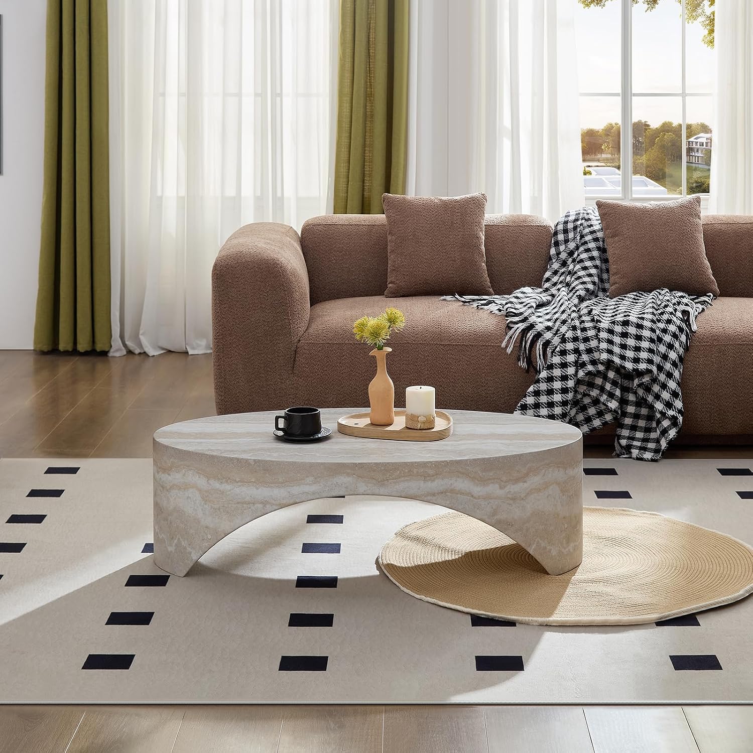 43.31'' Oval Coffee Table in Faux Marble, Modern Fiberglass Arched Coffee Tables, Minimalist Bridge Coffee Table, Stone Center Side Table for Living Room, Office, Apartment, or Balcony