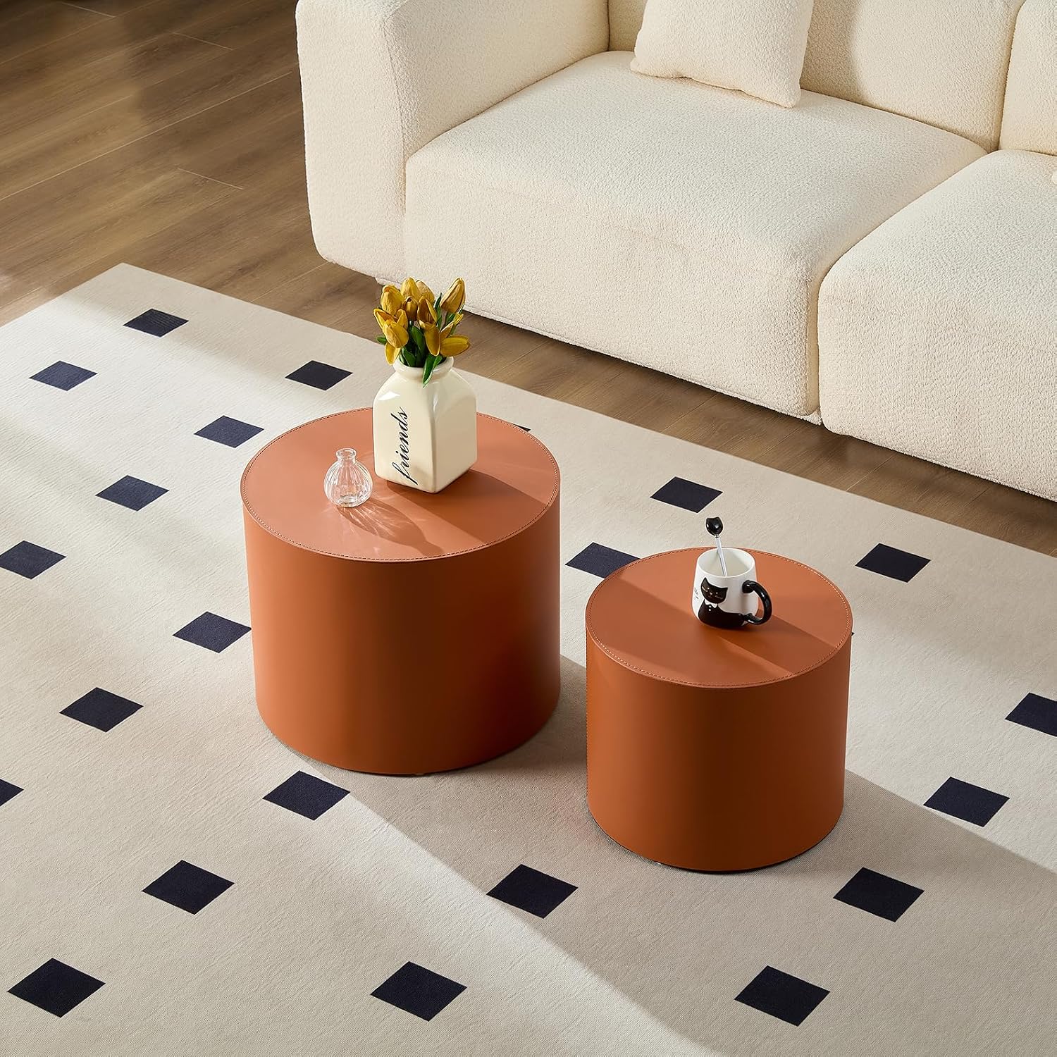 19.09' Modern Coffee Table Set of 2, Leather Accent Tables, Wooden Minimalist Side Tables for Small Spaces, Living Room, Bedroom, Office & Balcony(Orange)