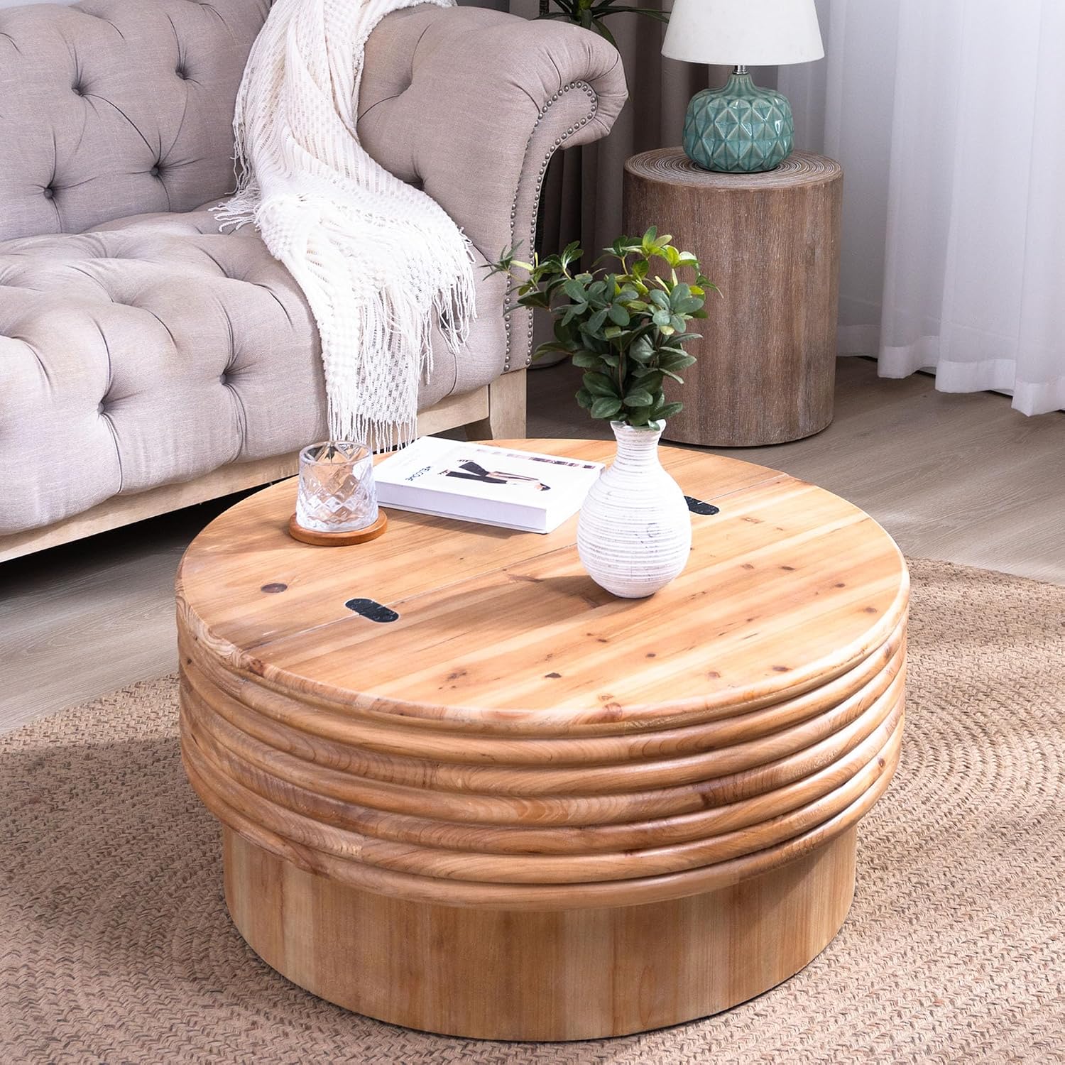30.3'' Round Circle Coffee Table with Hidden Storage Space for Living Room, Modern Farmhouse Countryside Wood Coffee Table, Easy Assembly, Natural