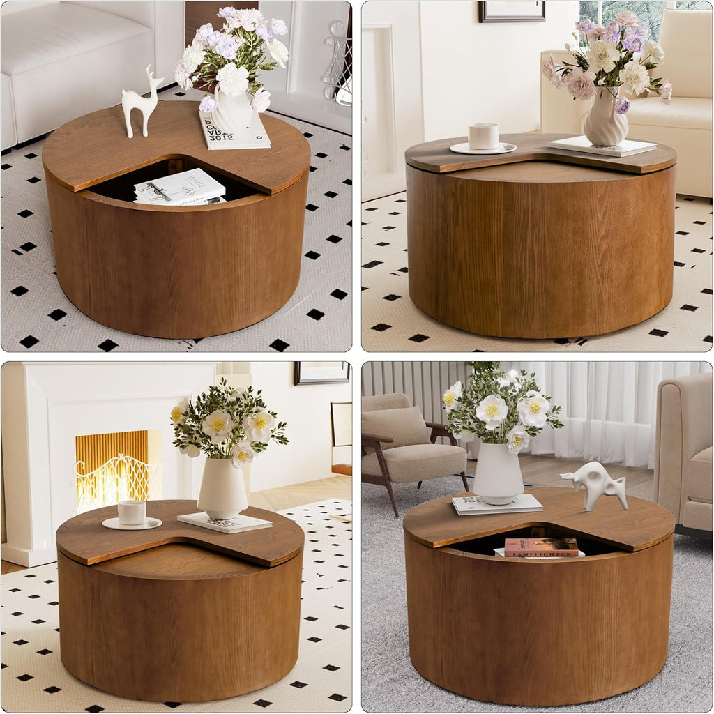 27.16' Modern Brown Side Table with Storage, Mid Century Round Sofa End Table - 360° Rotation Tabletop for Small Space No Assemble Required (Brown 27.16in)