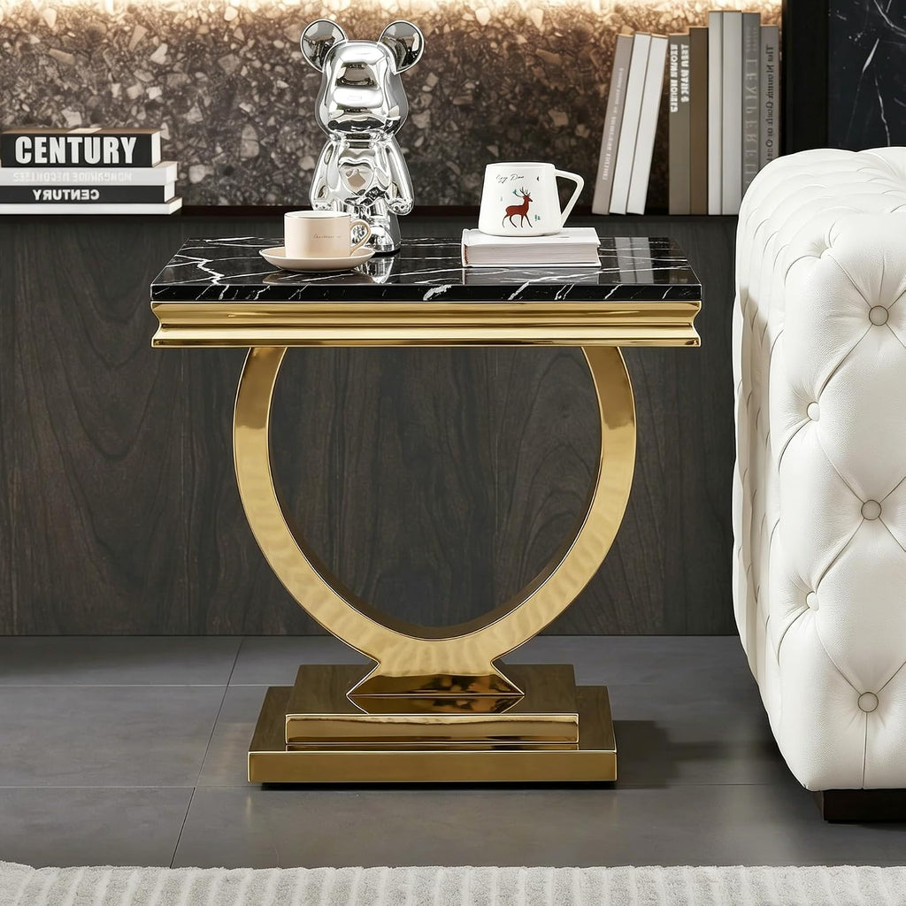 Henf 3 Piece Living Room Table Set, Faux Marble Coffee Table & 2 End Tables, Luxury Black Gold Coffee Table and End Table Set of 3 with Mirrored Stainless Steel Base for Living Room Apartment