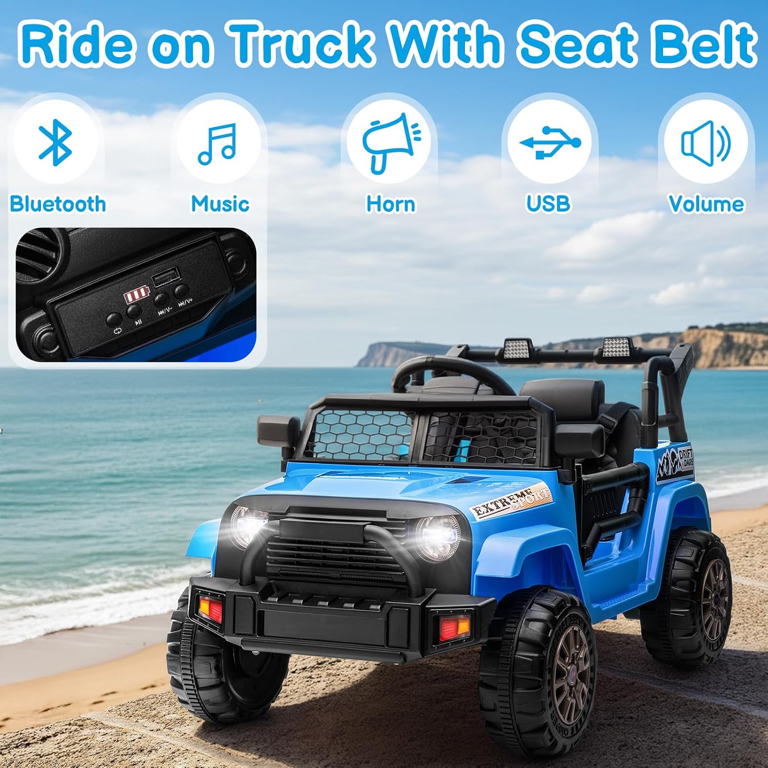 Winado 12V Electric Car for Kids, Ride on Truck for Toddlers with Remote Control, Battery Powered Kids Electric Vehicle to Drive w/Bluetooth, Soft Start, LED Lights - Blue