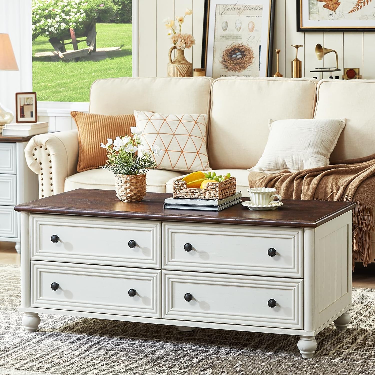 RWYHG Farmhouse Coffee Table & TV Stand Set of 4,Entertainment Center for 60 Inch TV,Wooden Coffee Tables with 4 Drawers, Nightstand with 3 Drawers and Charging Station for Living Room,Bedroom,White