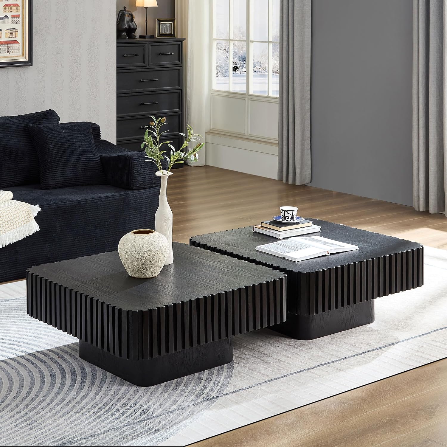 31.49'' Square Coffee Table for Living Room, Modern Wood Drum Pedestal Flute Embossment Coffee Table, Easy Assembly, Black