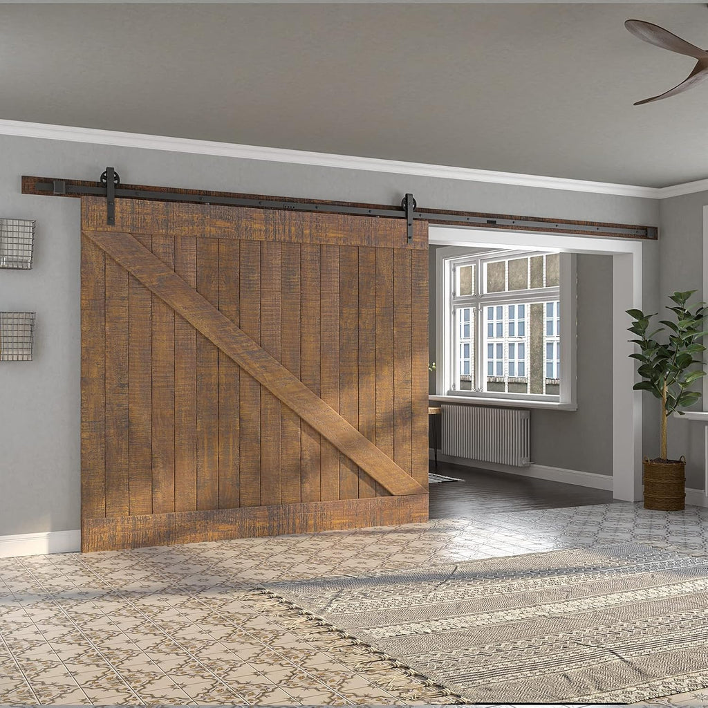 SMARTSTANDARD 16 Feet Heavy Duty Sliding Barn Hardware Kit, 4FT - 18FT, Black, Smoothly and Quietly, Simple and Easy to Install, Fit 96' Wide Door Panel (Industrial Bigwheel Hangers)