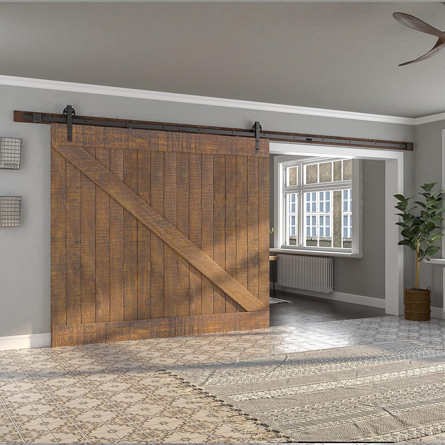 SMARTSTANDARD 16 Feet Heavy Duty Sliding Barn Hardware Kit, 4FT - 18FT, Black, Smoothly and Quietly, Simple and Easy to Install, Fit 96' Wide Door Panel (Industrial Bigwheel Hangers)